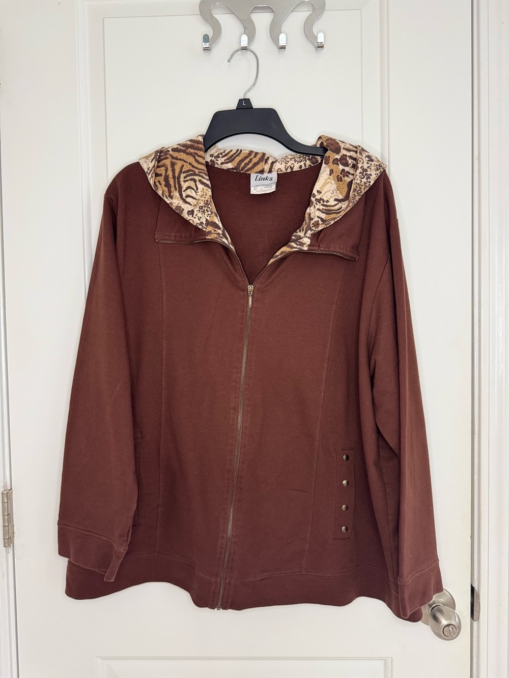 Links Women's Brown Full Zip Hoodie Size 1X Animal Print Hood